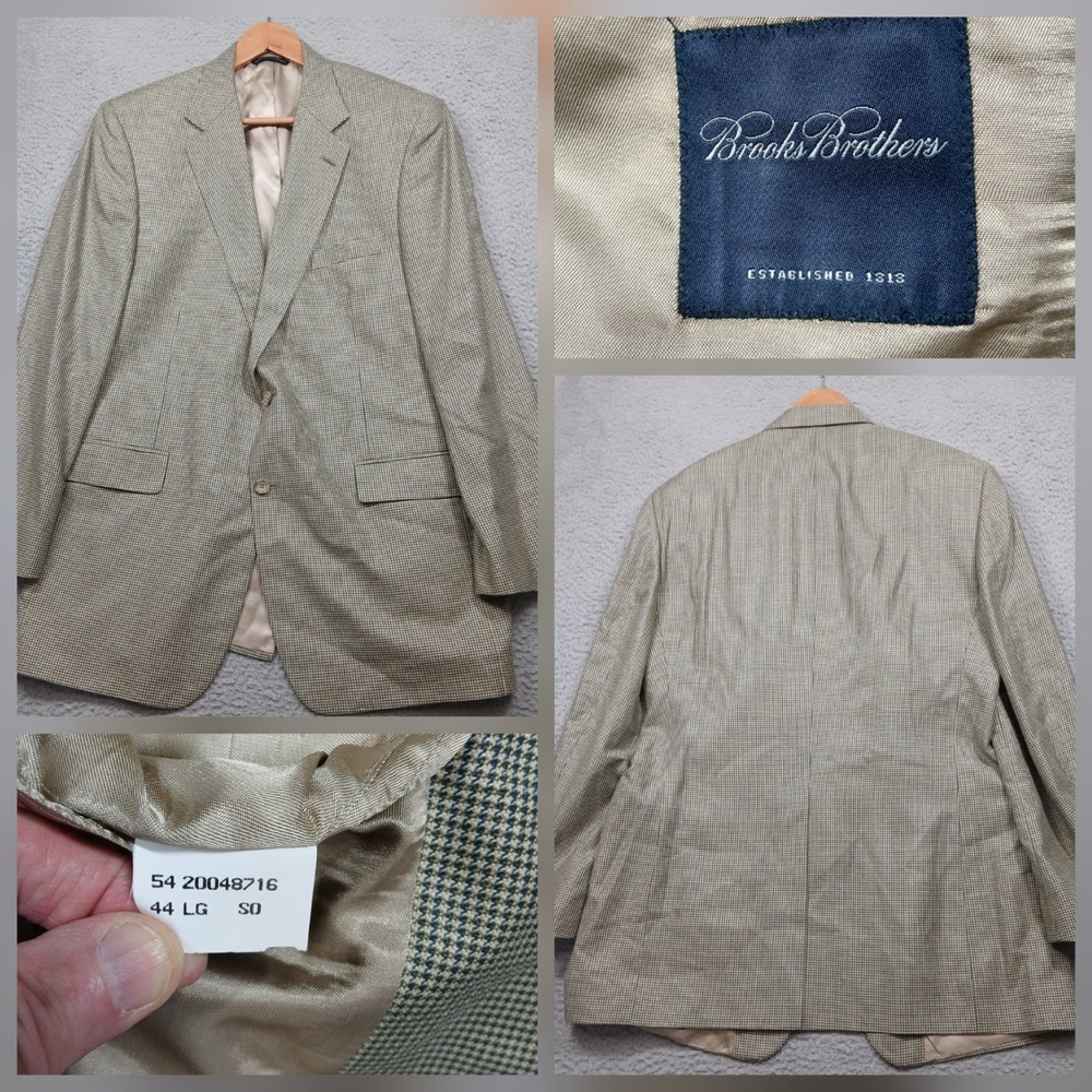 Brooks Brothers Men's Blazer 44L Beige Houndstooth Two Button Wool Sport Coat